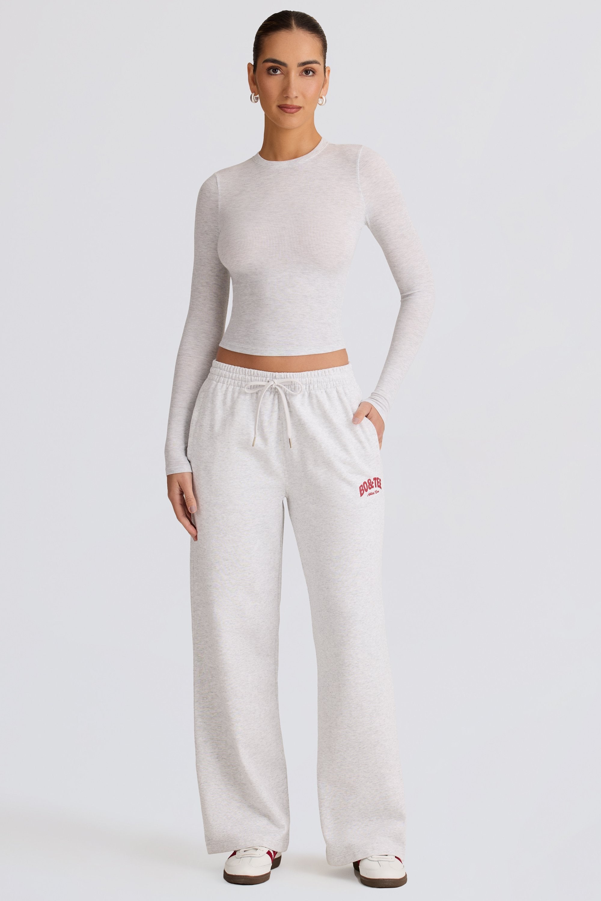 Soft Cotton Mid-Rise Wide-Leg Joggers in Grey Marl