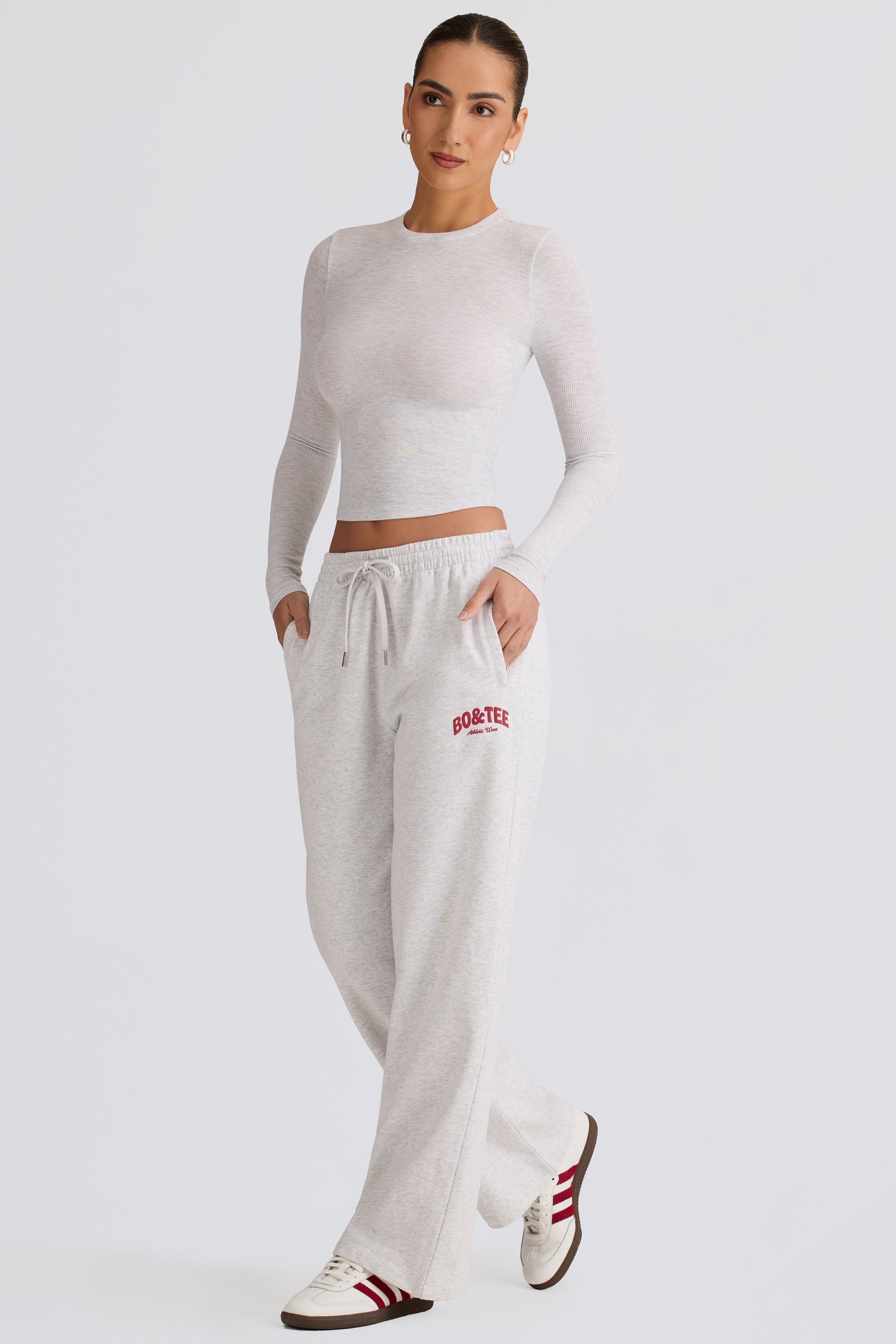 Soft Cotton Mid-Rise Wide-Leg Joggers in Grey Marl