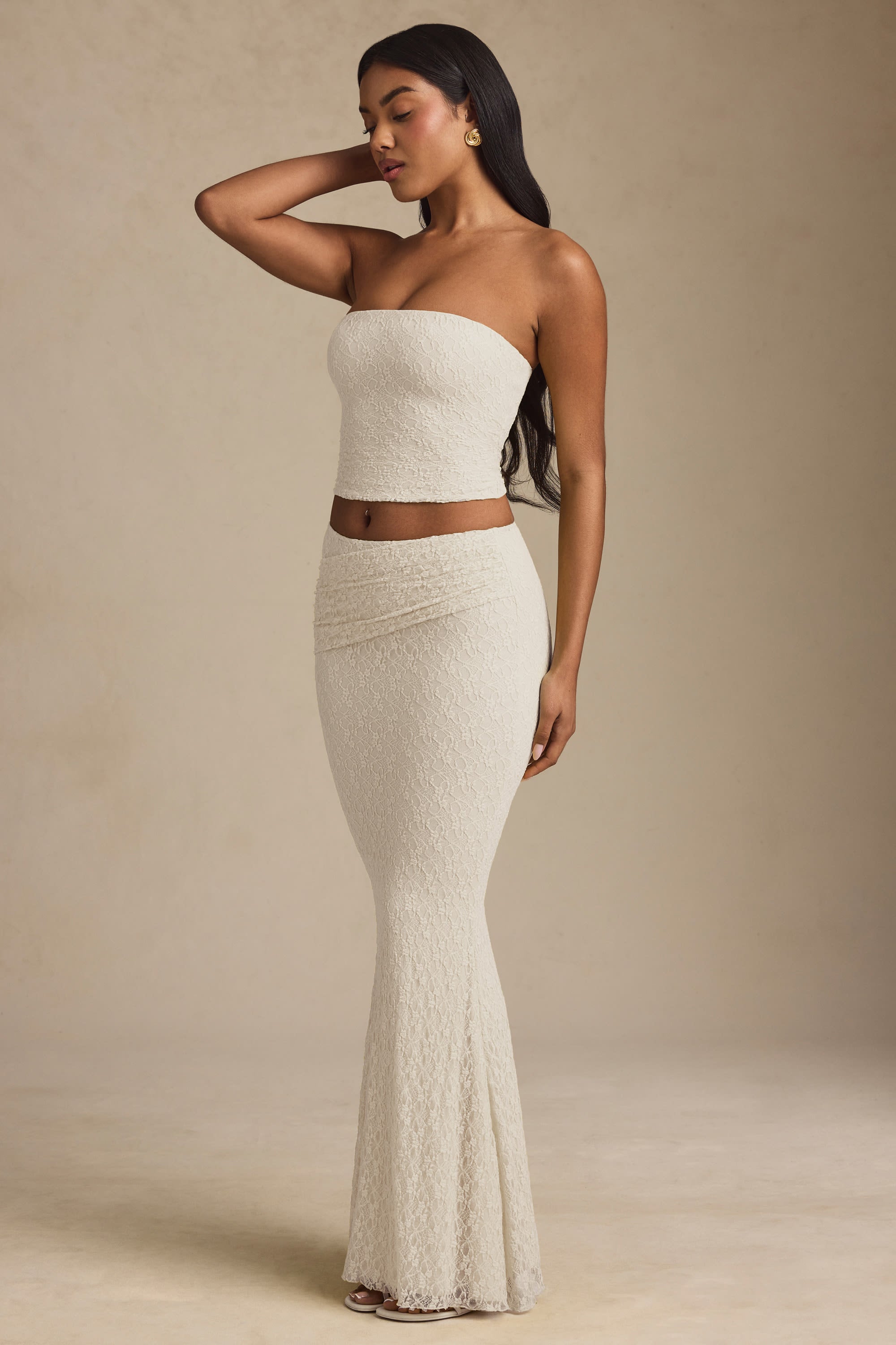 Ruched Strapless Lace Top in Ivory