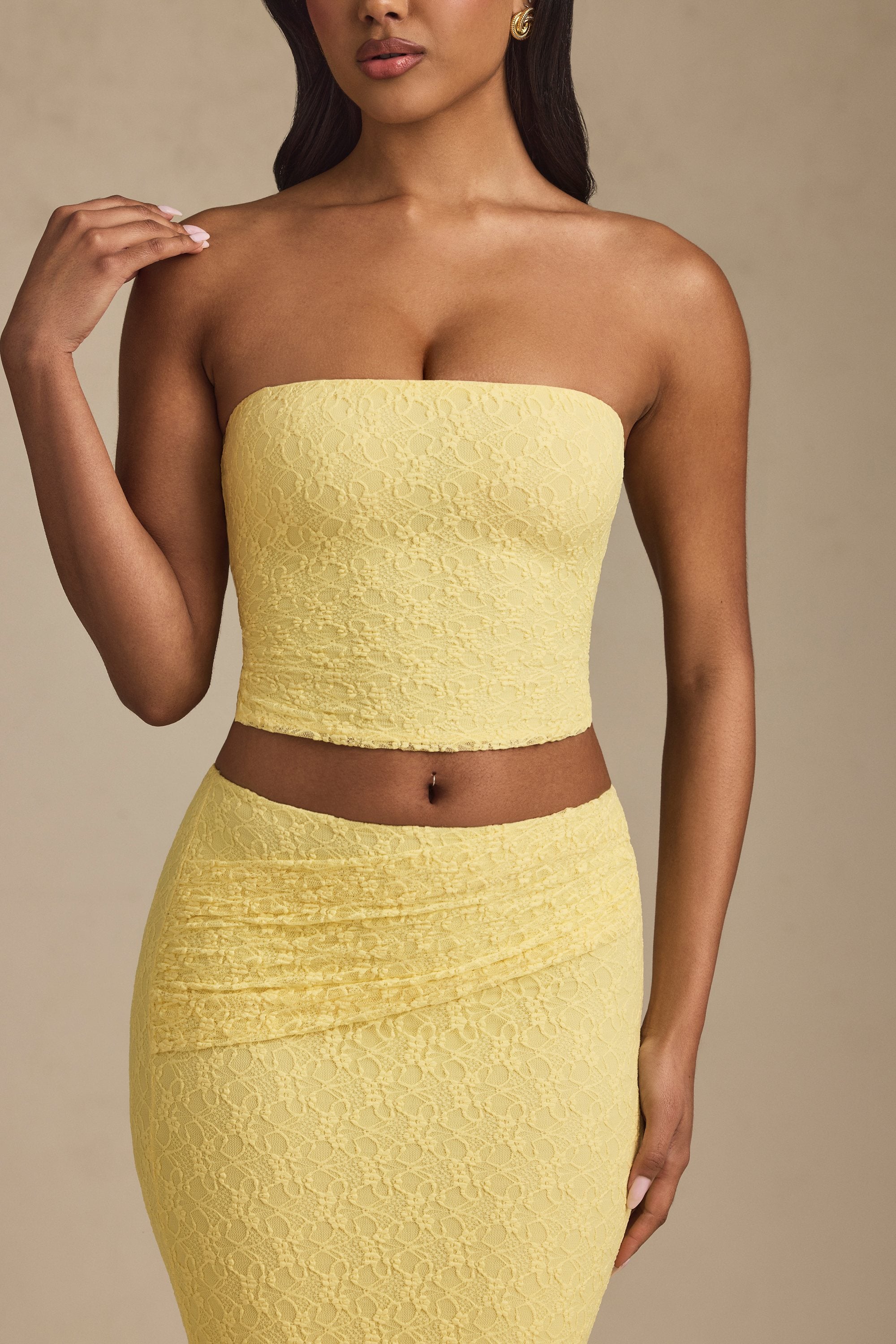 Ruched Strapless Lace Top in Pastel Yellow