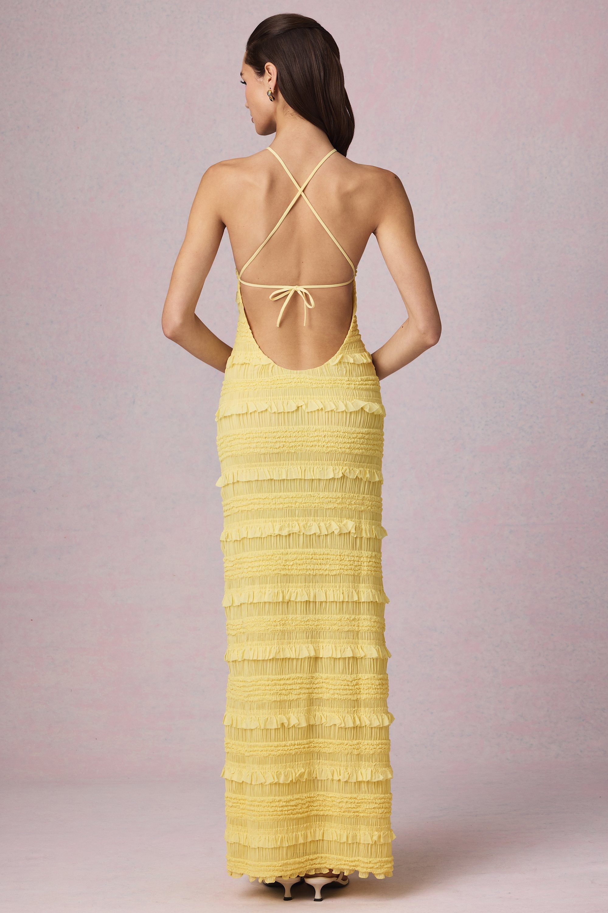 Ruffled Backless Halterneck Maxi Dress in Lemon Yellow
