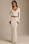 Draped Low-Rise Lace Maxi Skirt in Ivory