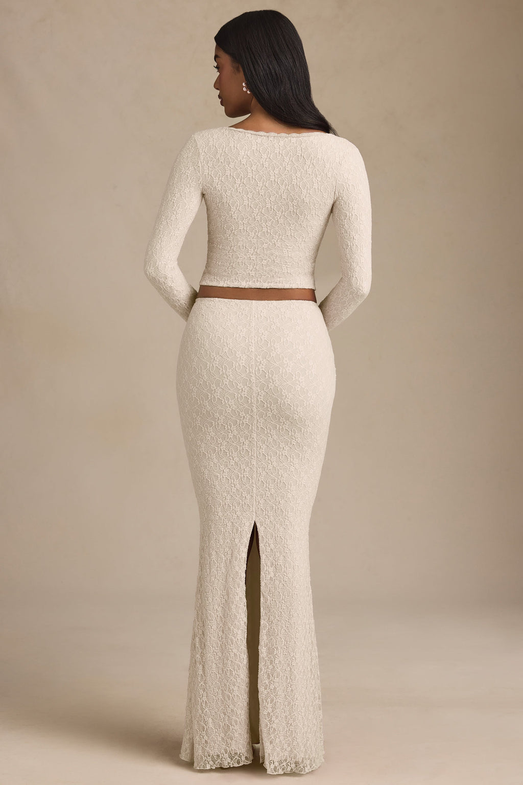 Draped Low-Rise Lace Maxi Skirt in Ivory