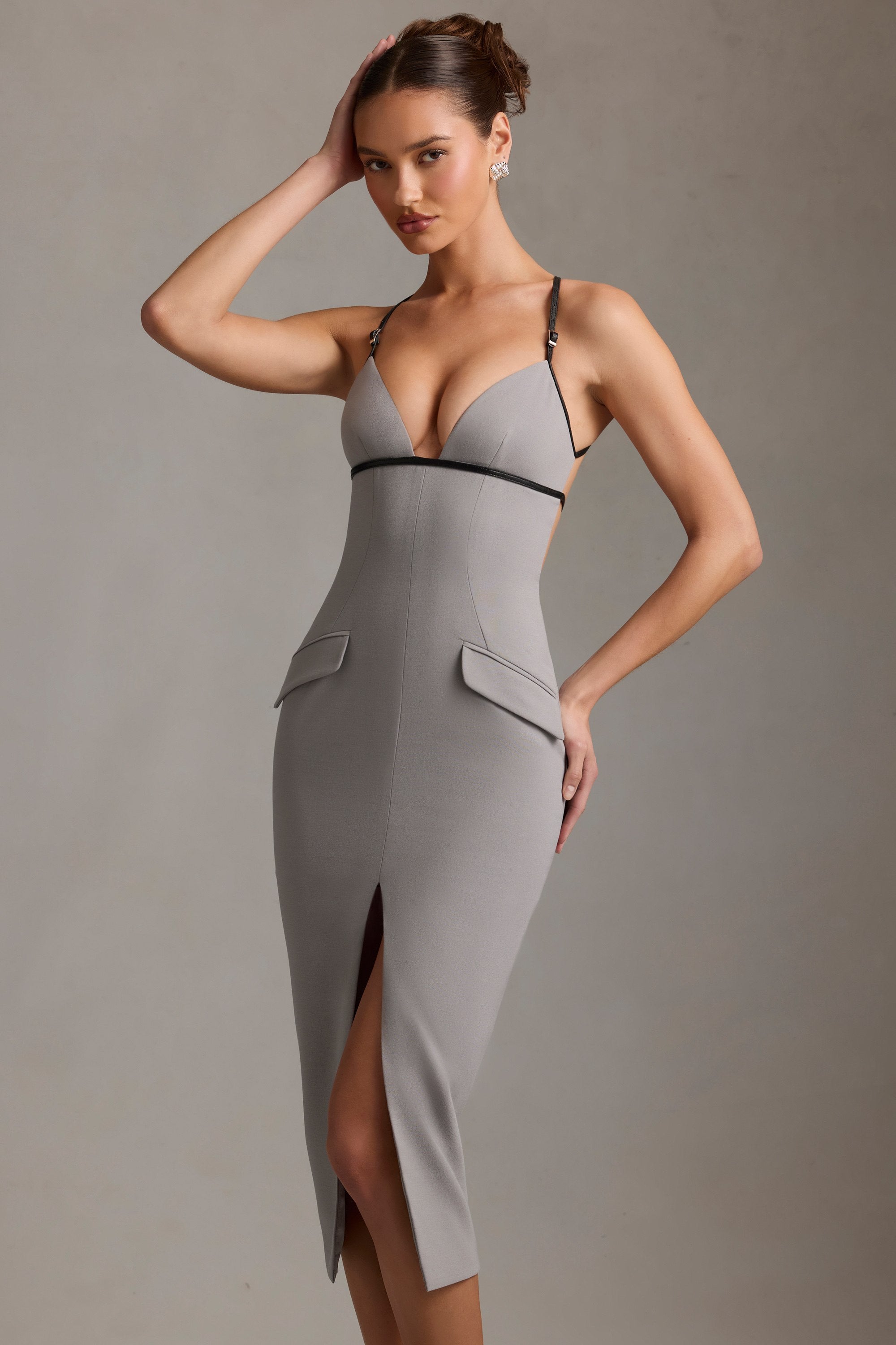 Plunge-Neck Backless Midaxi Dress in Grey