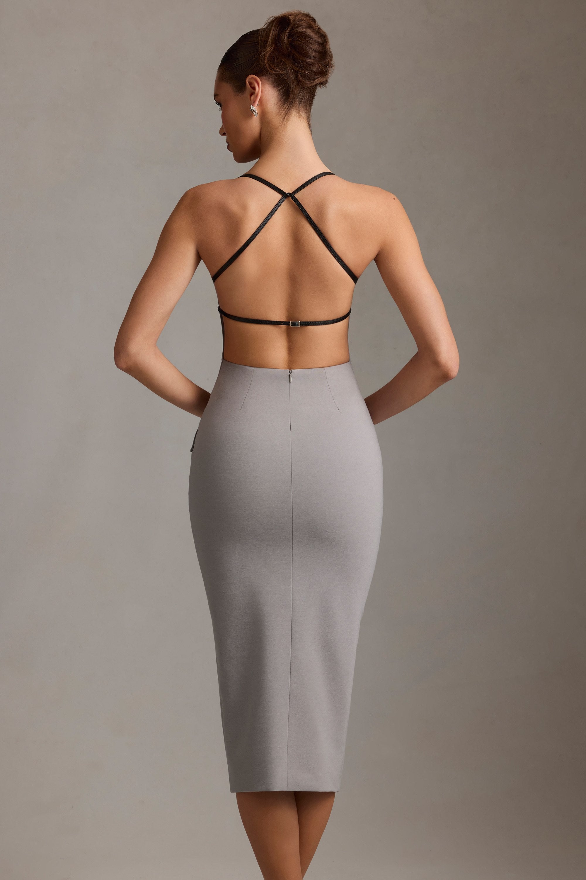 Plunge-Neck Backless Midaxi Dress in Grey