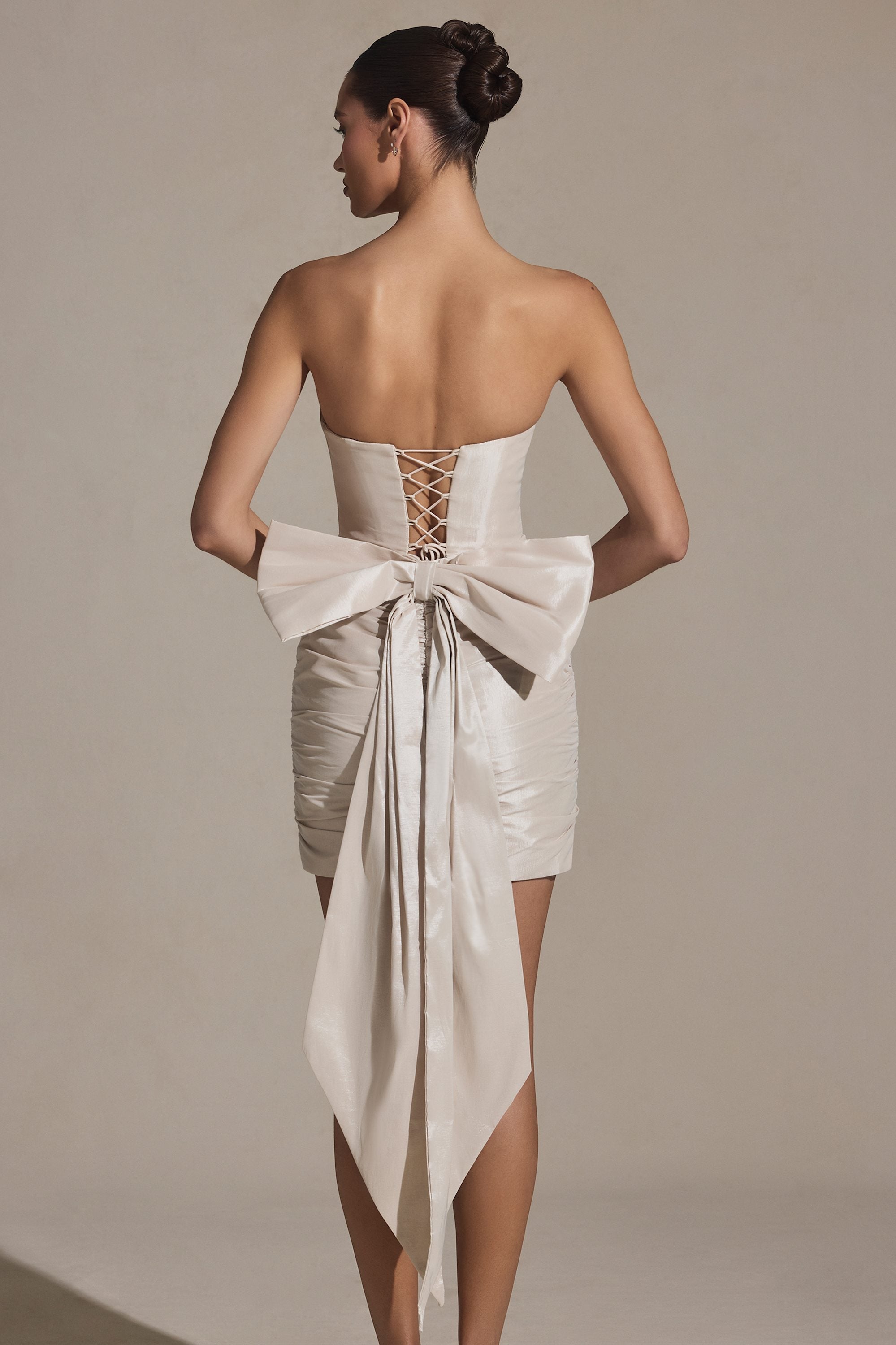 Satin Bow-Detail Strapless Mini Dress in Ivory