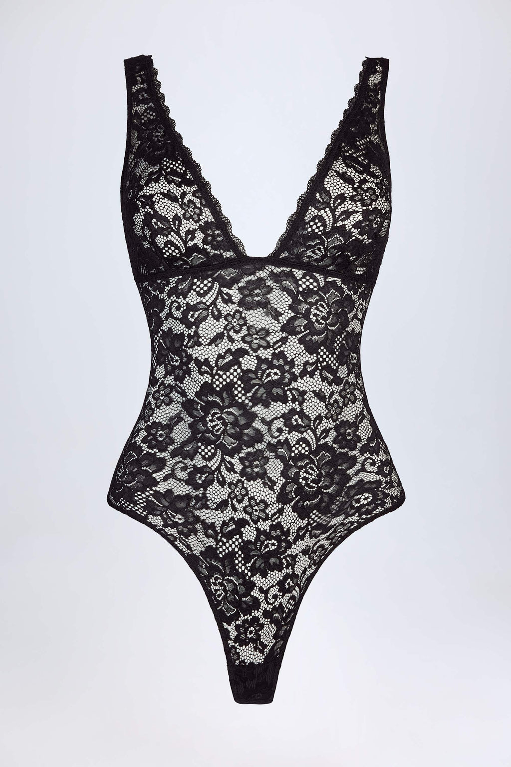 Sheer Lace Scalloped Plunge-Neck Bodysuit in Black