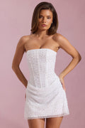 Embellished Draped Strapless A-Line Mini Dress in White